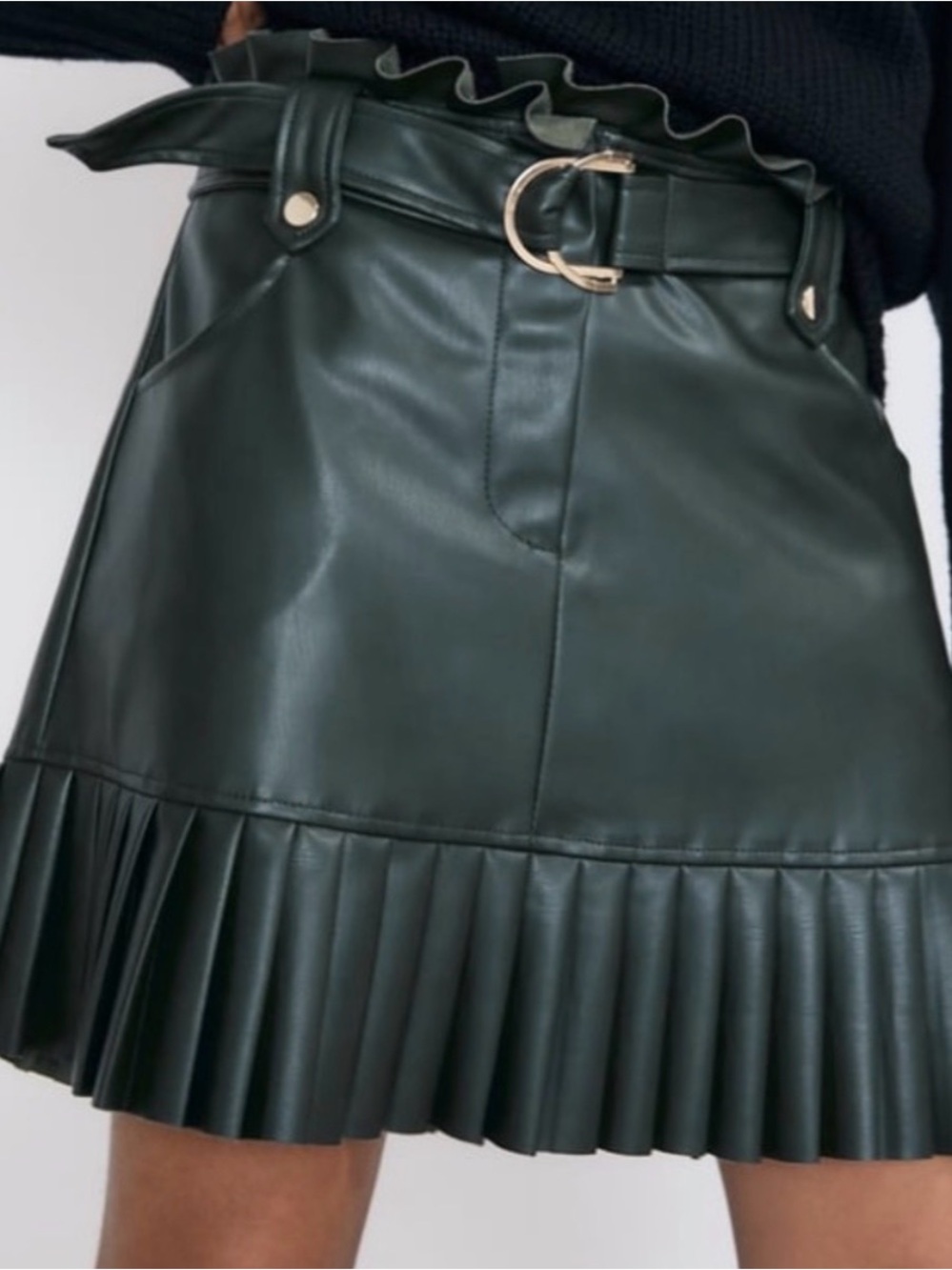Zara Dark Green Faux Leather Pleated Mini Skirt